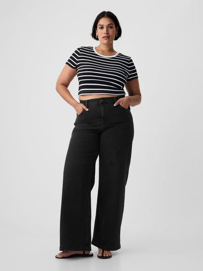 Siyah High Rise Stride Wide-leg Jean Pantolon