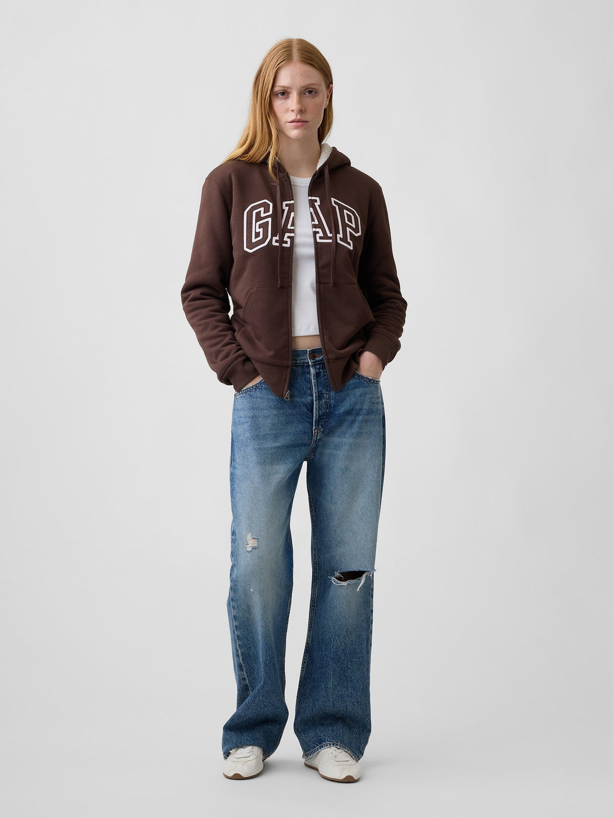 Kahverengi Relaxed Gap Logo Sherpa-astarlı Fermuarlı Sweatshirt