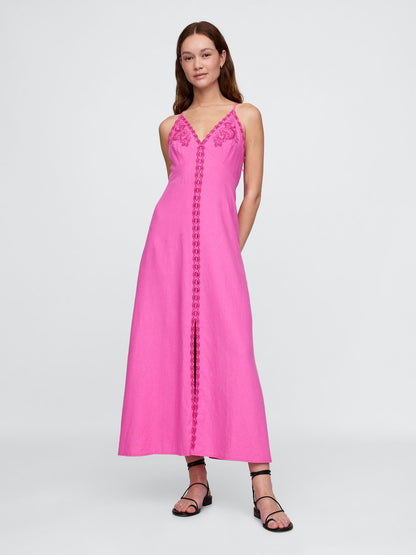 Pembe Linen-blend Nakışlı Halter Maxi Elbise