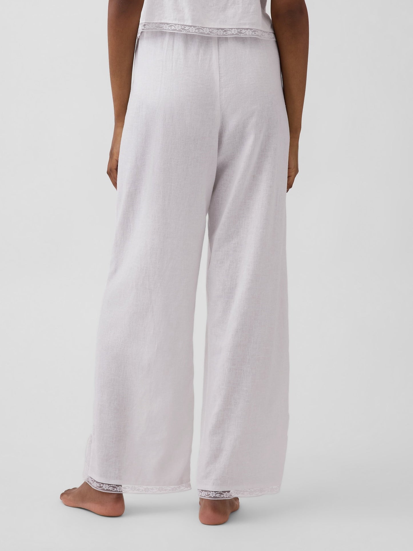 Beyaz Keten Karışımlı Dantel Kenar Pijama Altı