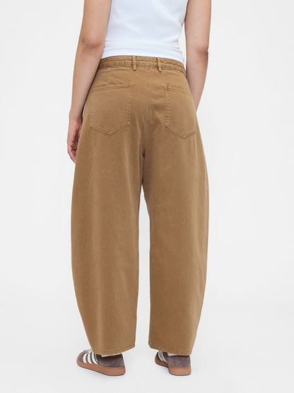 Kahverengi Mid Rise Twill Barrel Pantolon