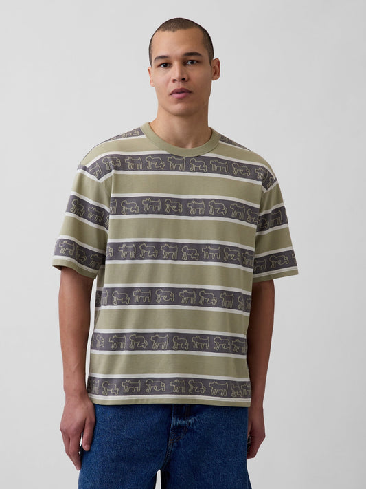 Haki Keith Haring Oversized Çizgili T-shirt