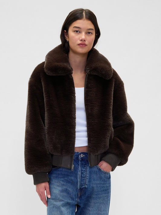 Koyu Kahverengi Faux-fur Bomber Ceket