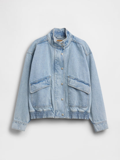 Açık Mavi Oversized Denim Bomber Ceket