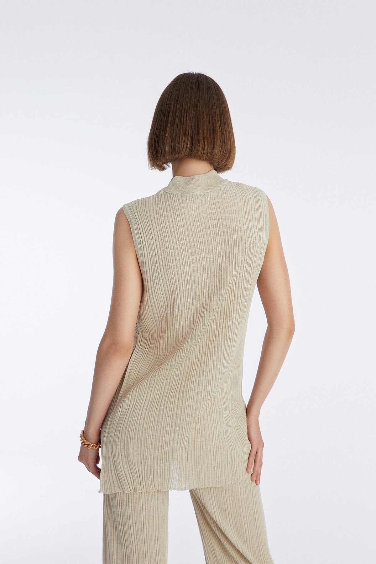 Bej Uzun Fitilli Triko Bluz