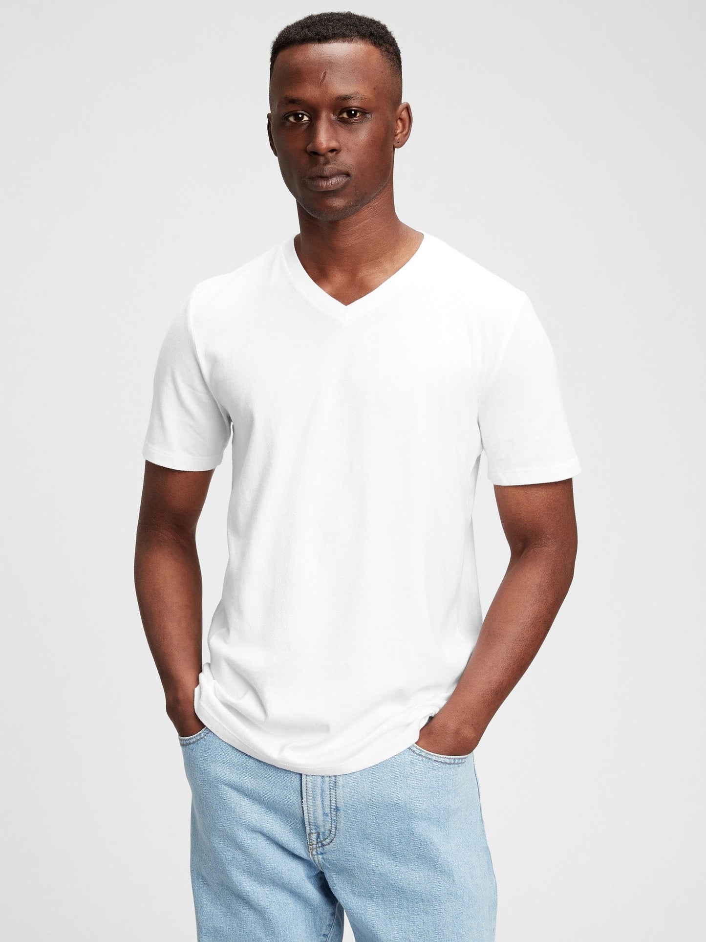 Beyaz Pamuklu Jersey V Yaka T-shirt