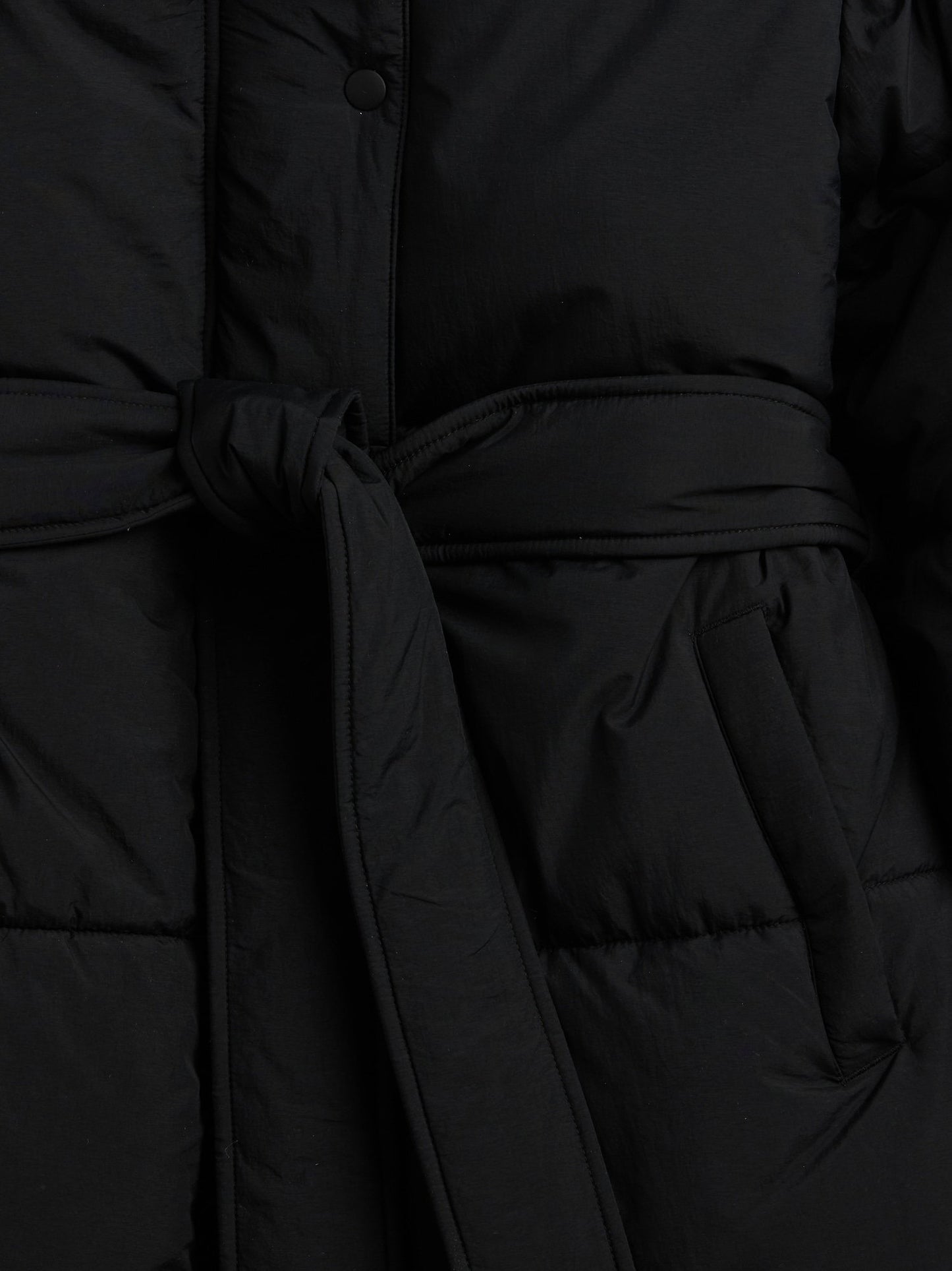 Siyah Belted Long Puffer Şişme Kaban