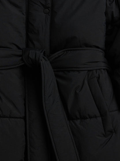 Siyah Belted Long Puffer Şişme Kaban