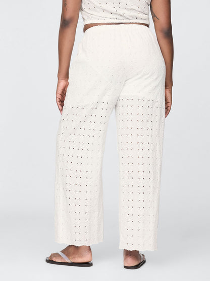 Beyaz Mid Rise Eyelet Kolay Wide-leg Pantolon