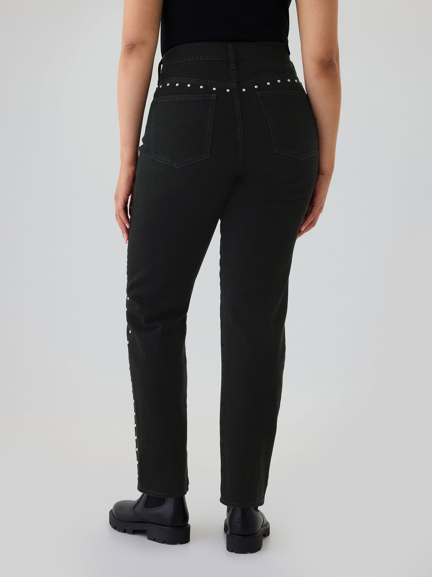 Siyah High Rise Studded '90s Straight Jean Pantolon
