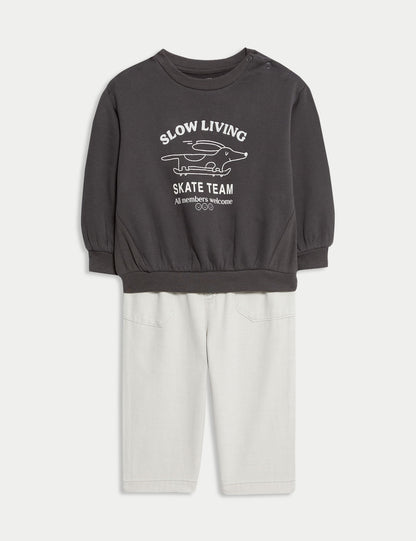 Pamuk Karışımlı Kaykaylı Köpek Baskılı Sweatshirt Ve Pantolon Takımı (0–6 Yaş)