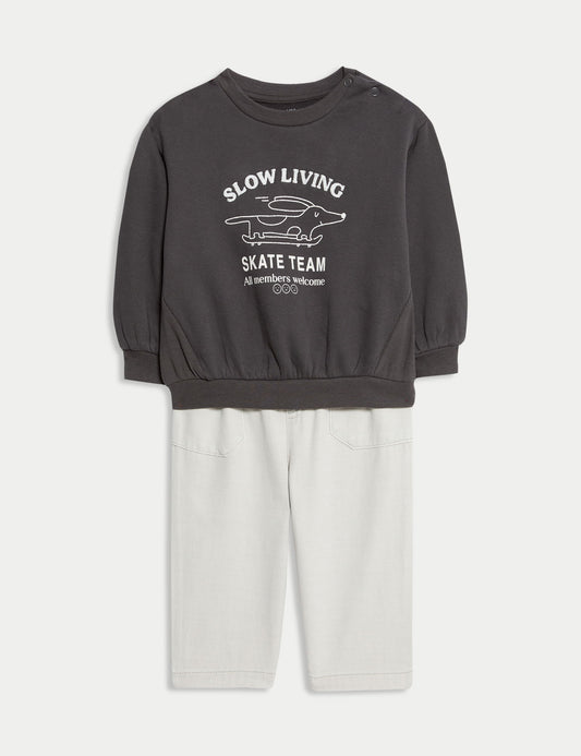 Pamuk Karışımlı Kaykaylı Köpek Baskılı Sweatshirt Ve Pantolon Takımı (0–6 Yaş)