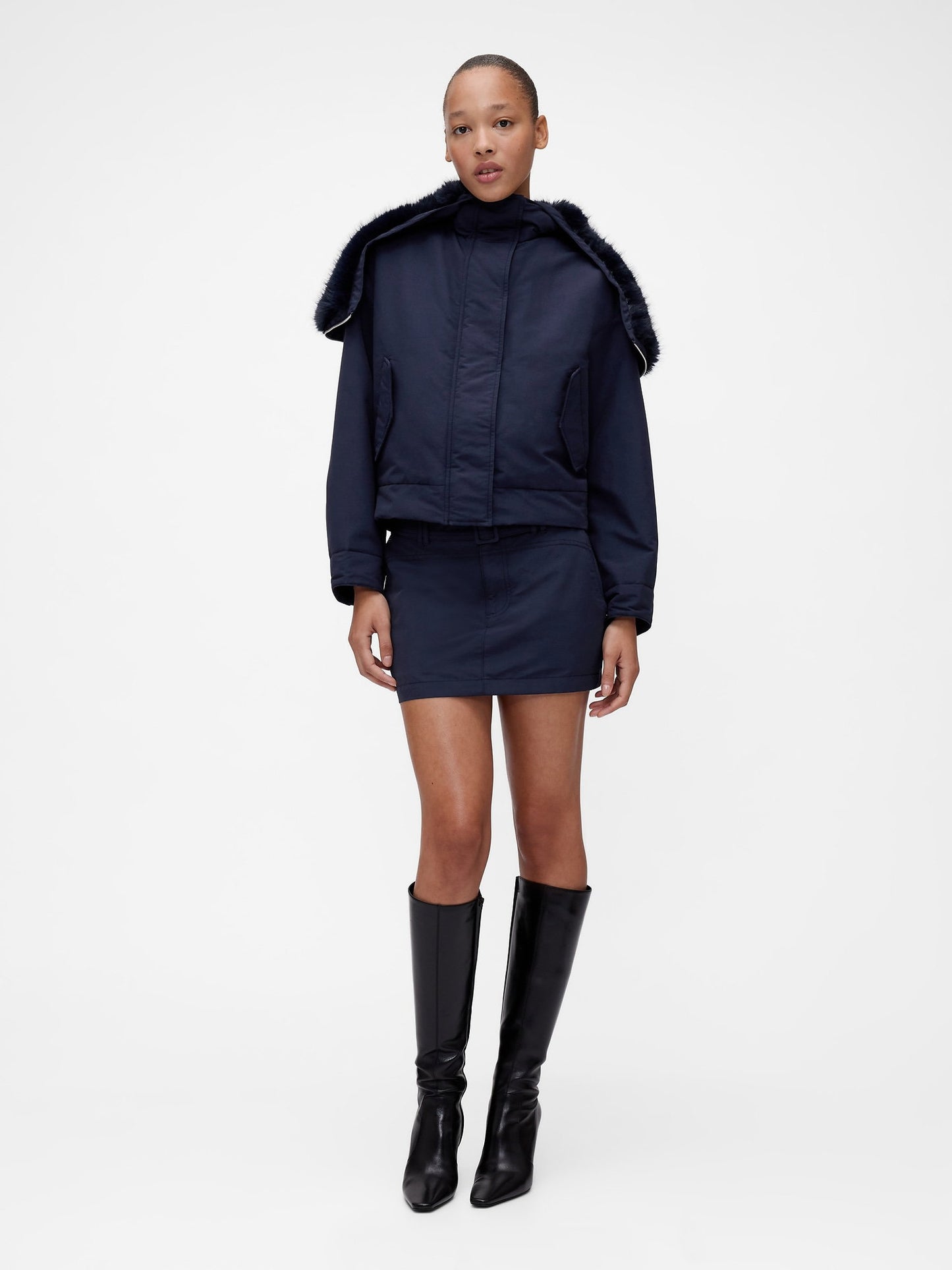 Lacivert Gapstudio Faux Fur-lined Crop Bomber Ceket