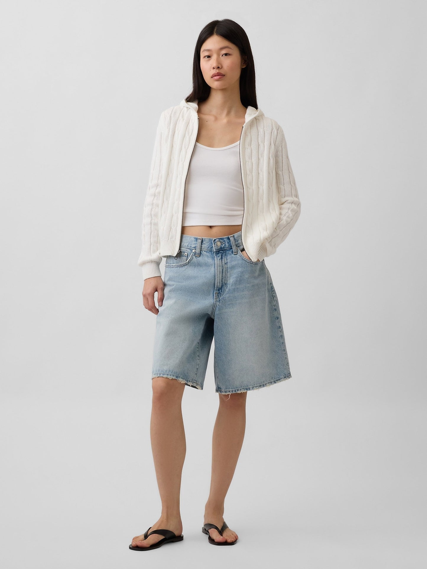 Beyaz %100 Pamuk Cable-knit Fermuarlı Hırka