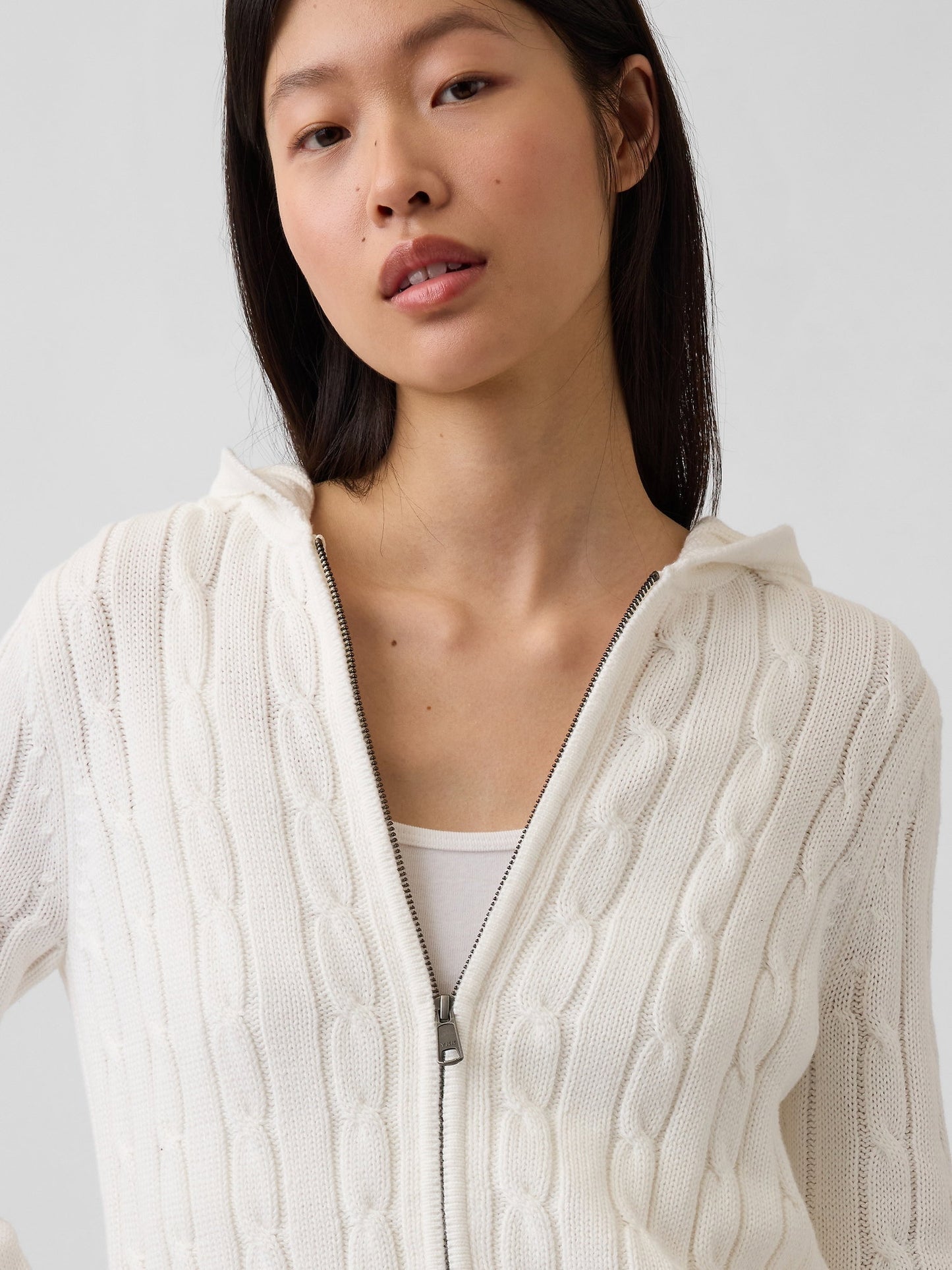 Beyaz %100 Pamuk Cable-knit Fermuarlı Hırka