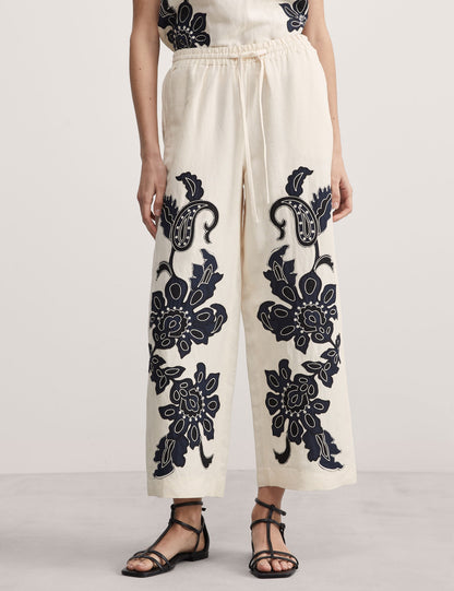 Jaeger Işleme Detaylı Wide Leg Keten Pantolon