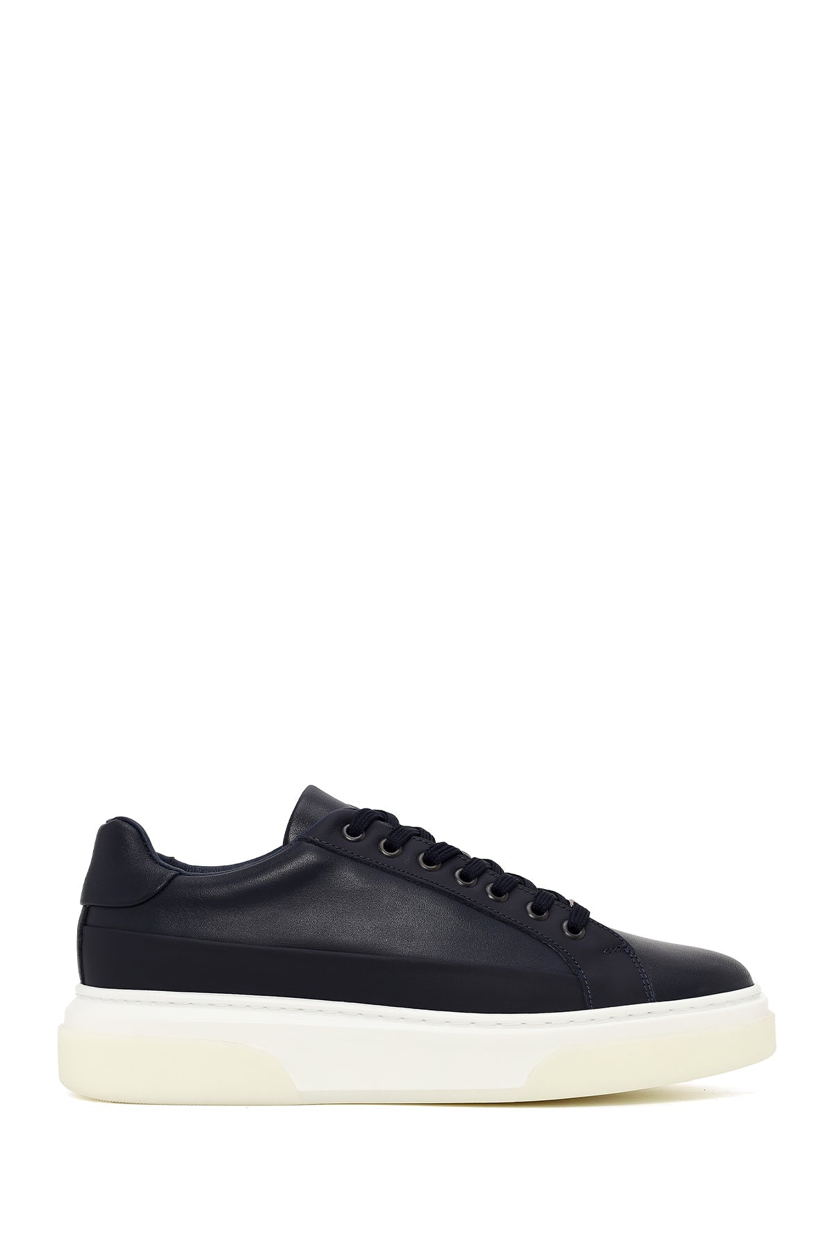 Erkek Lacivert Bağcıklı Kalın Tabanlı Deri Sneaker