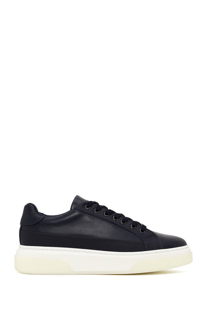 Erkek Lacivert Bağcıklı Kalın Tabanlı Deri Sneaker