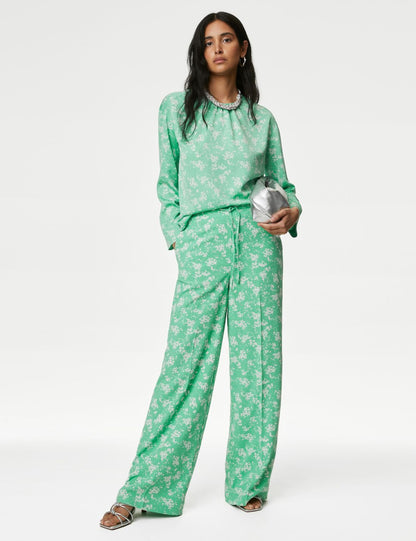 Çiçek Desenli Wide Leg Pantolon