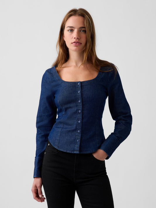 Koyu Mavi Denim Scoop Neck Gömlek