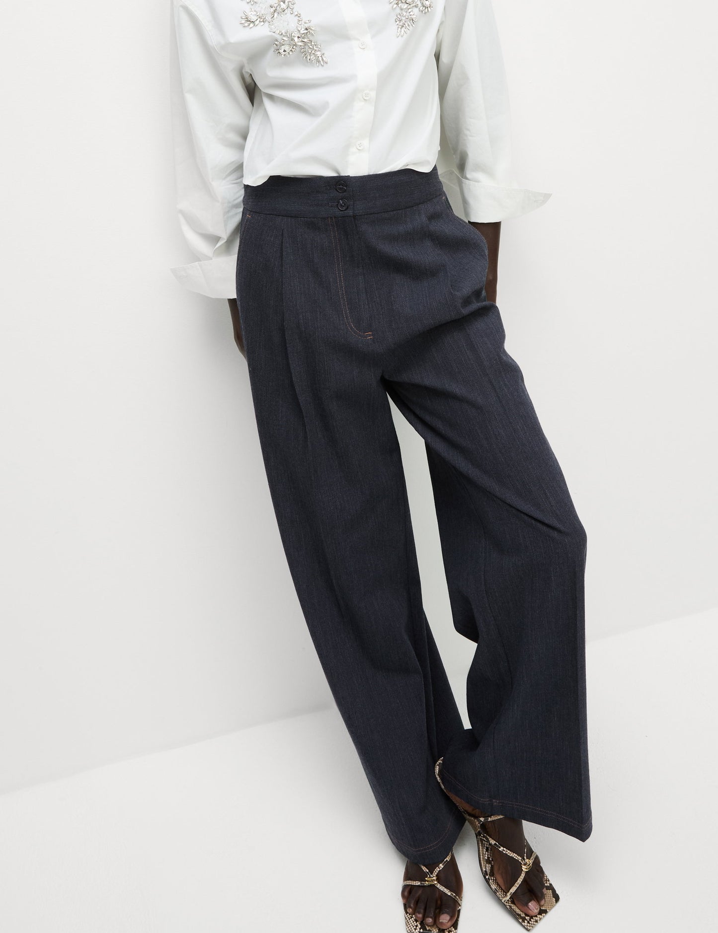 Pamuk Karışımlı Denim Görünümlü Wide Leg Pantolon