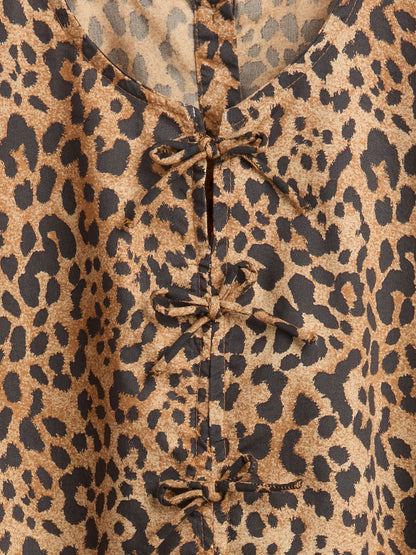Kahverengi Poplin Puff-sleeve Leopar Desenli Elbise