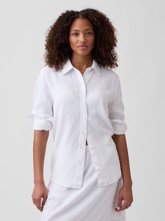 Beyaz Oversized Keten Karışımı Easy Gömlek