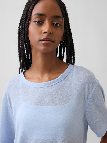 Açık Mavi Keten Karışımlı Relaxed T-shirt