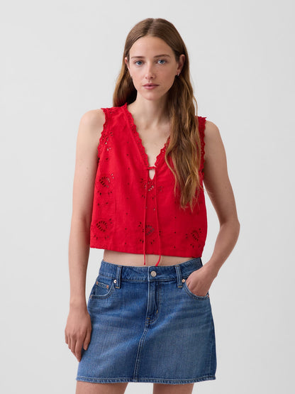 Beyaz Keten Karışımlı Işlemeli Crop Shell Askılı Bluz