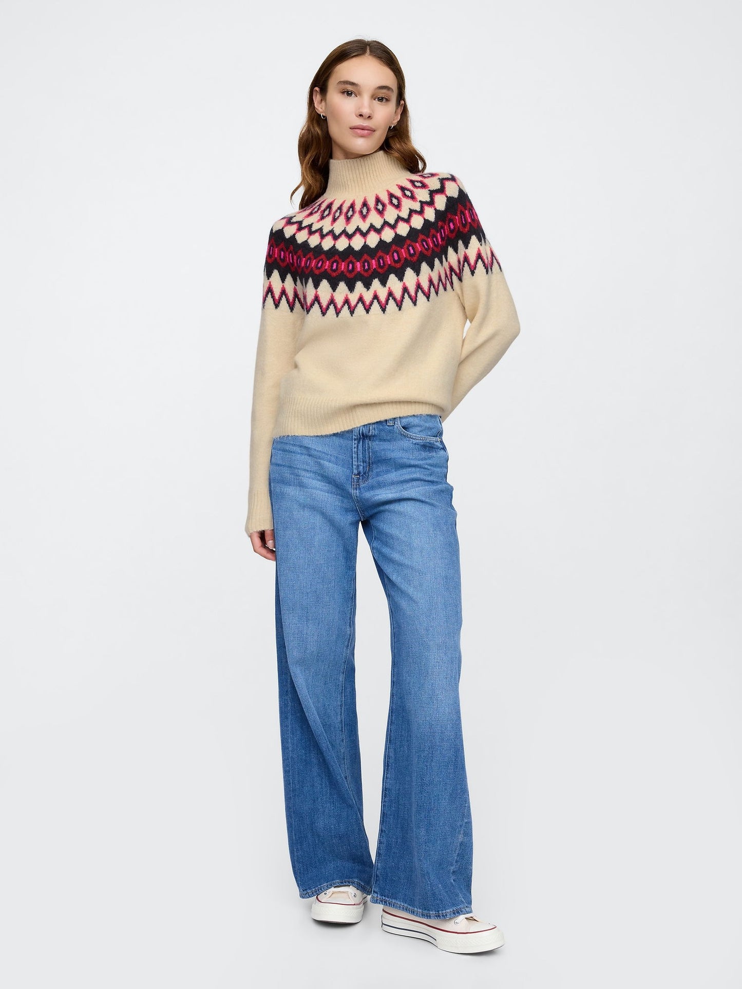 Bej Fair Isle Desenli Balıkçı Yaka Kazak