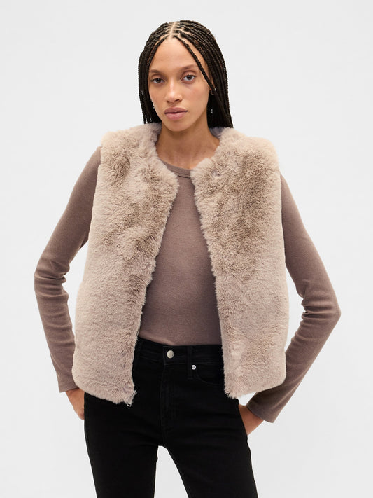 Kahverengi %100 Geri Dönüştürülmüş Faux-fur Kürk Yelek