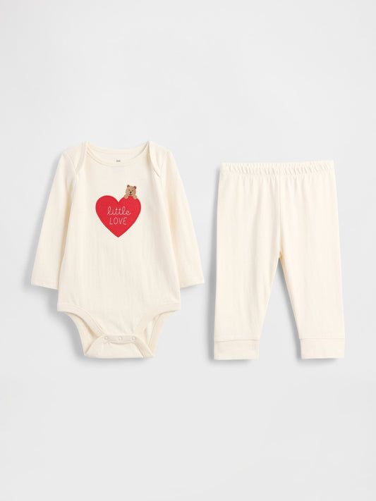 Kırık Beyaz Organik Pamuk Bear Heart Bodysuit Outfit Set
