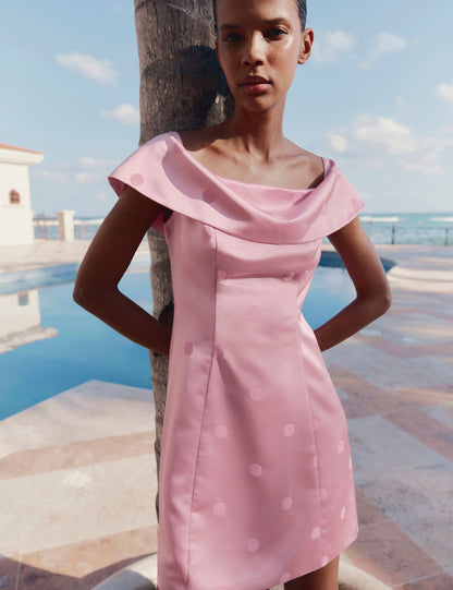 Saten Puantiyeli Bardot Mini Elbise