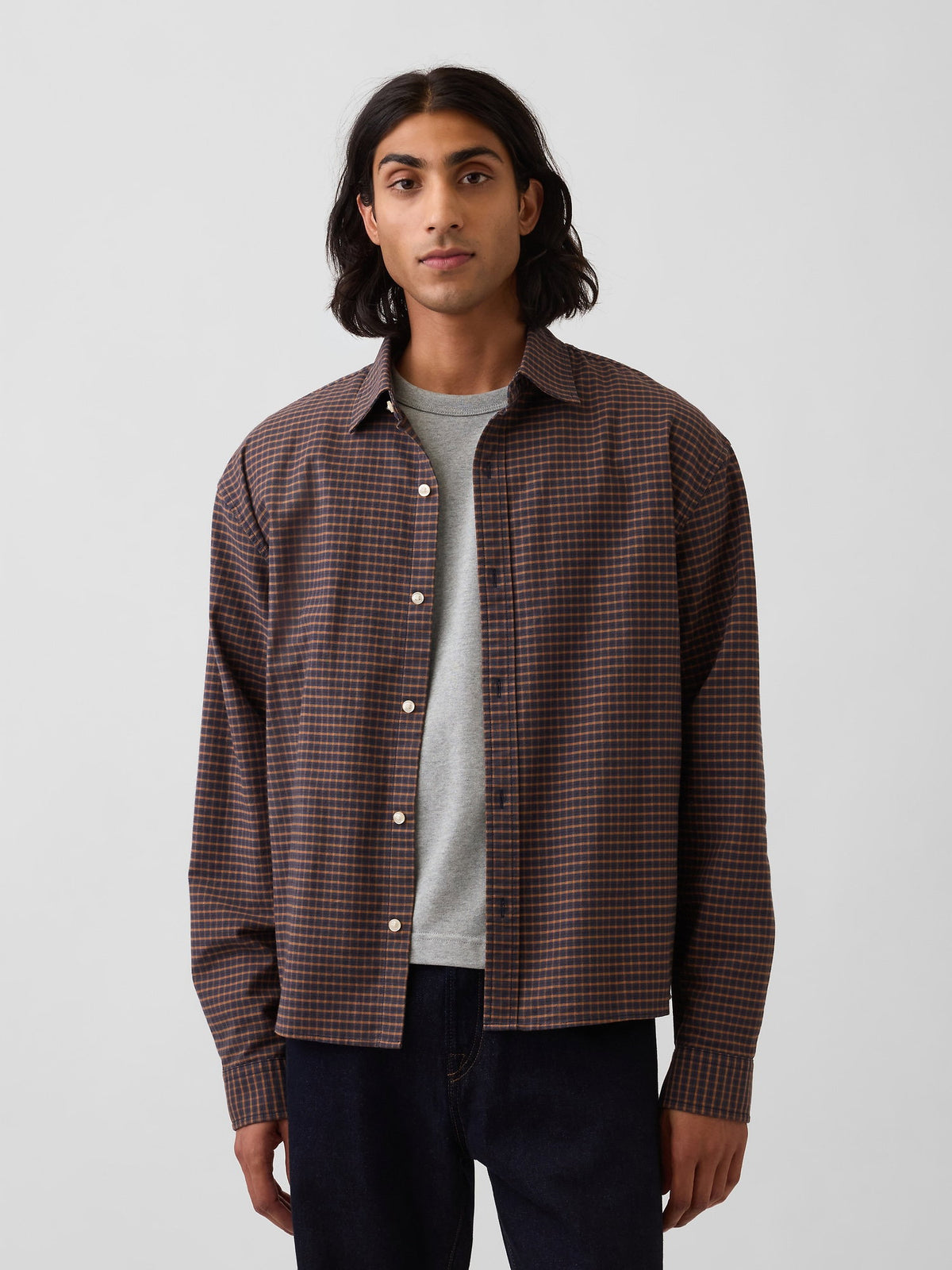 Kahverengi Relaxed Crop Straight-hem Oxford Gömlek