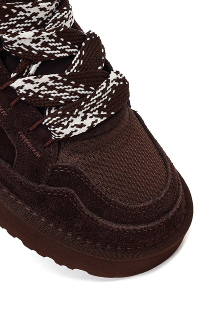 Kadın Kahverengi Bağcıklı Kalın Tabanlı Tüylü Süet Deri Teddy Sneaker