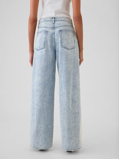 Açık Mavi Mid Rise Studded Baggy Jean Pantolon