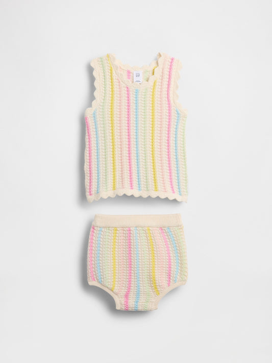Çok Renkli Crochet Çizgili Triko Outfit Set