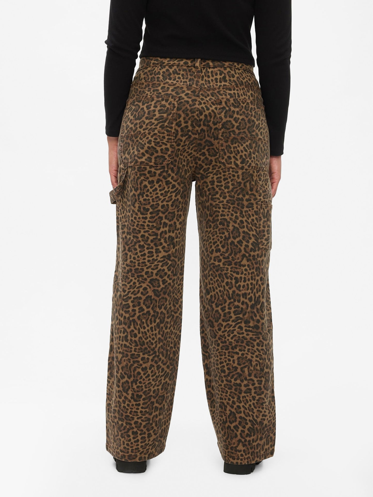 Kahverengi Mid Rise '90s Loose Leopar Desenli Kargo Jean Pantolon
