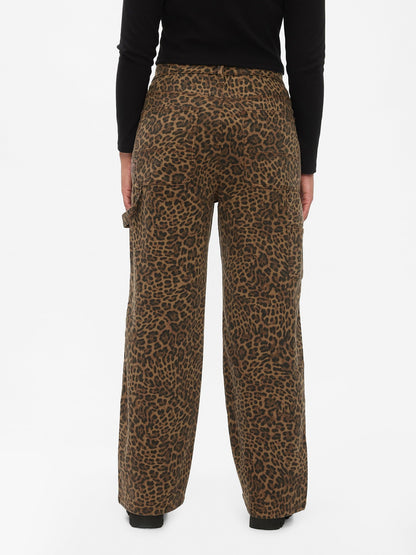 Kahverengi Mid Rise '90s Loose Leopar Desenli Kargo Jean Pantolon