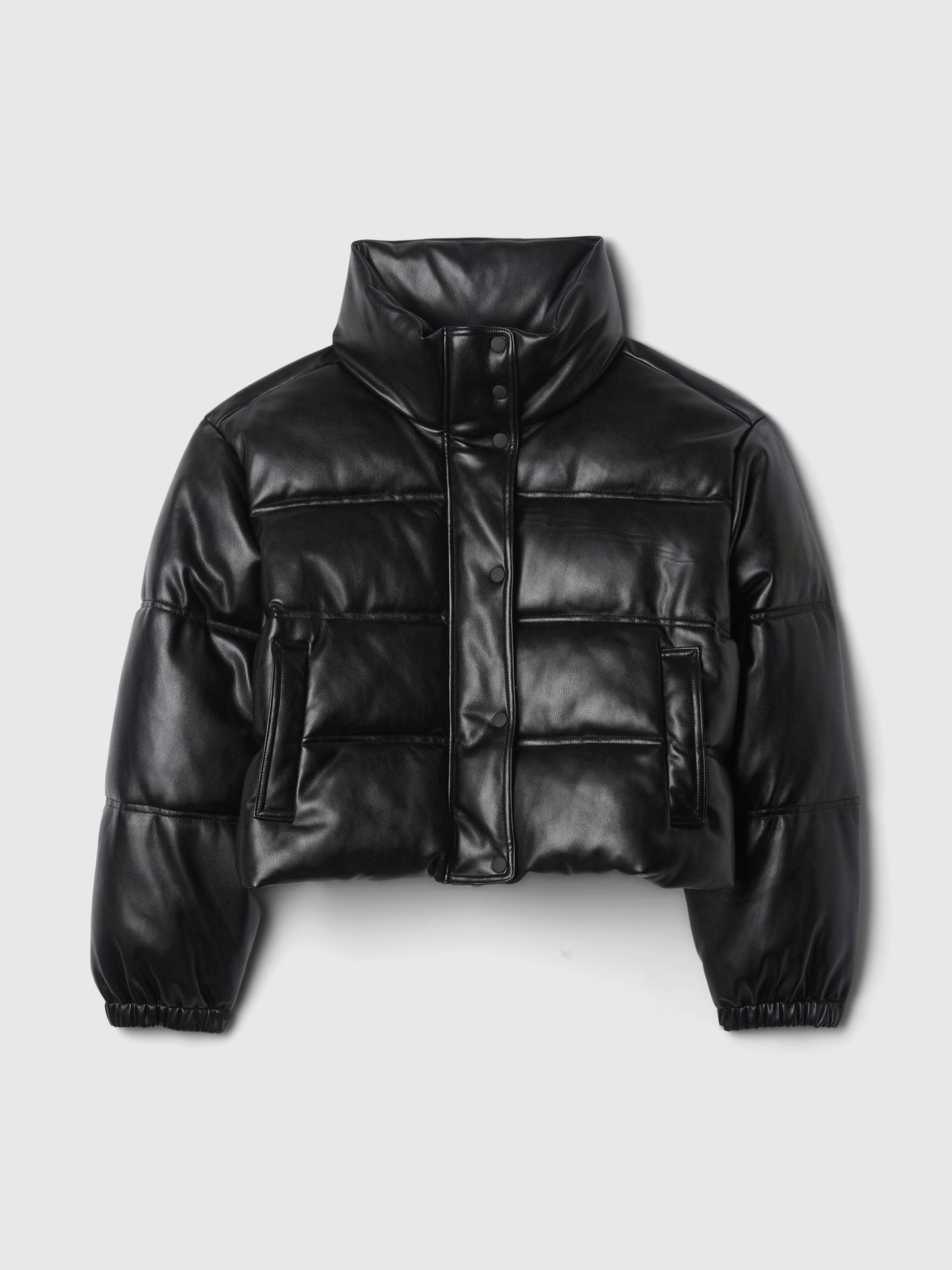 Siyah Vegan Deri Crop Puffer Şişme Mont