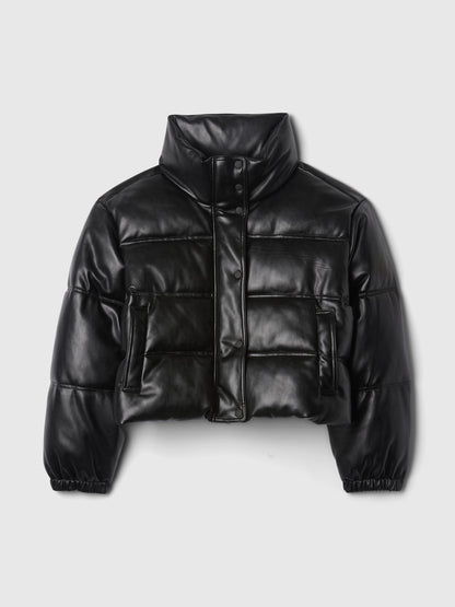 Siyah Vegan Deri Crop Puffer Şişme Mont