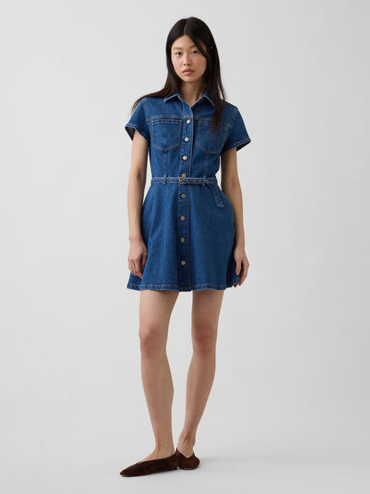Mavi Denim Kemerli Mini Gömlek Elbise