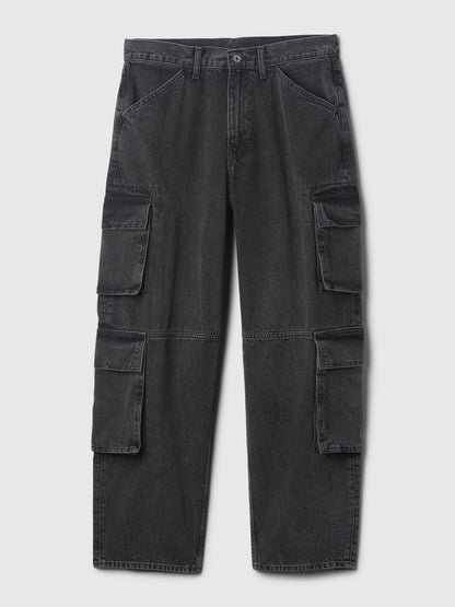 Siyah Double Kargo Baggy Jean Pantolon