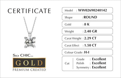 Beyaz Altın Sertifikalı Premium Created Taşlı 1.50 Ct Effect Tektaş Kolye Ww02690240142