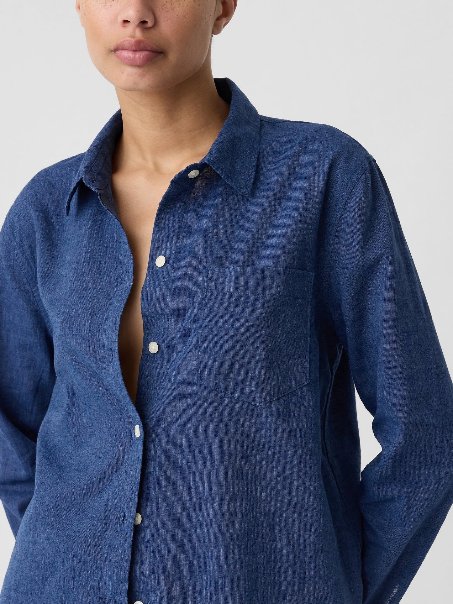 Denim Mavi Keten Karışımı Easy Gömlek