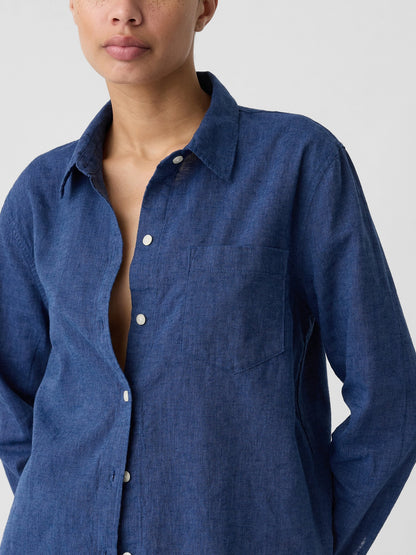 Denim Mavi Keten Karışımı Easy Gömlek