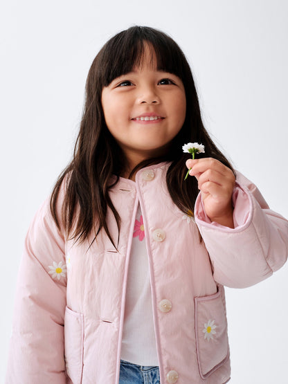 Açık Pembe Floral Embroidered Kapitone Ceket