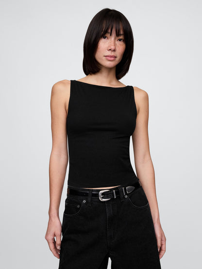 Siyah Closeknit Jersey Botneck Kısa Kolsuz Üst