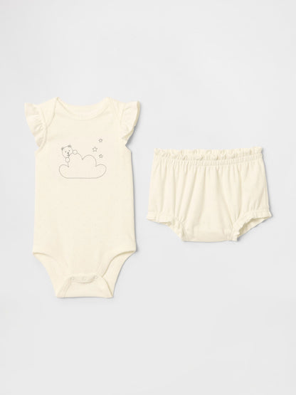 Kırık Beyaz Supima® Ayı Desenli Body Outfit Set
