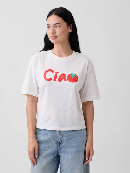 Kırık Beyaz Boxy Grafik Baskılı T-shirt